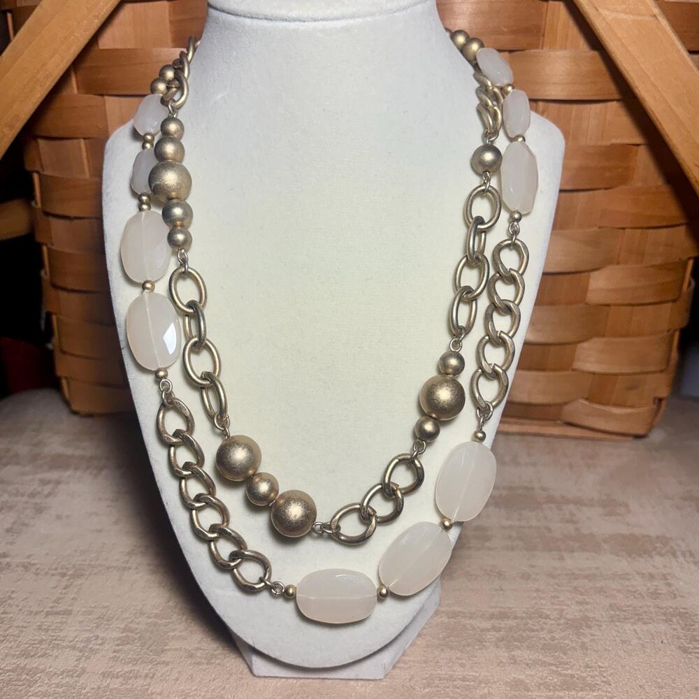 Mid Century Frosted White Bead Necklace, Silver Chain Statement Jewelry